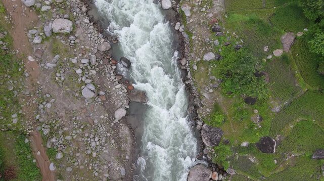 Aerial top down view of churning river rapids bordered by vivid green rice terraces in rural Nepal