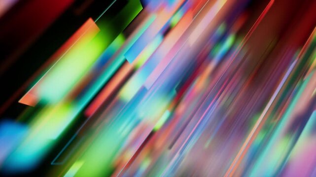 Diagonal colorful light streaks race across the frame in a fast looped animation. Dynamic abstract video background for speed, music, and media projects. 3D render motion.