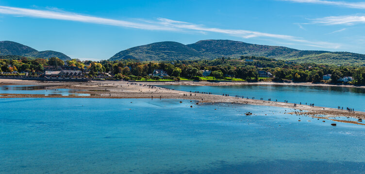 People Walking Bar Island Land Bridge at Low Tide Bar Harbor Maine