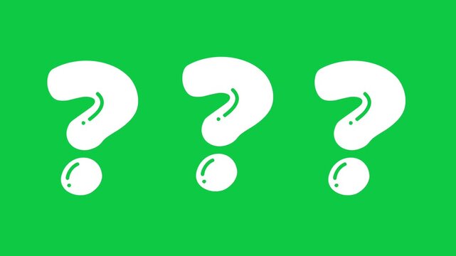 Three white animated question marks on green screen background chroma key overlay