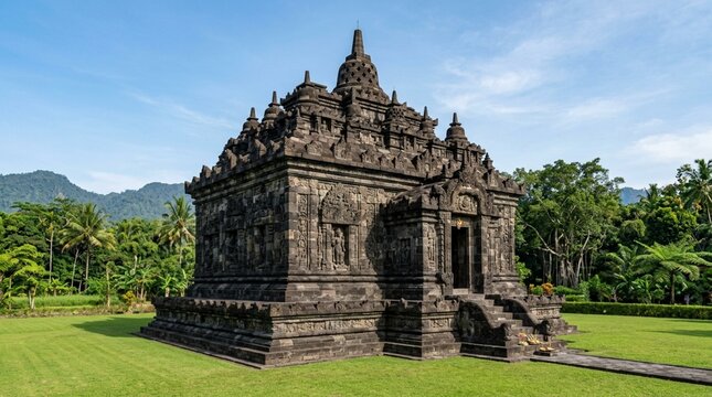Ancient Stone Temple, Lush Green Landscape, Blue Sky, Southeast Asian Architecture