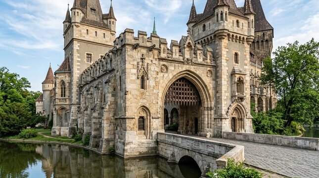 Majestic Medieval Castle with Moat and Bridge, European Architectural Landmark