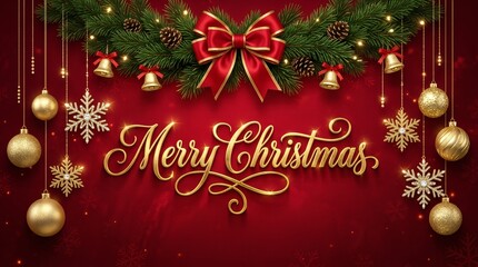 Obraz premium Merry Christmas Gold Typography Greeting Card with Festive Decorations