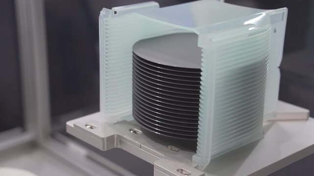 Silicon Wafer Under Cleanroom Fabrication in plastic holder box for manufacturing semiconductor of integrated circuit,AI Hardware and Semiconductor Industry Concept.