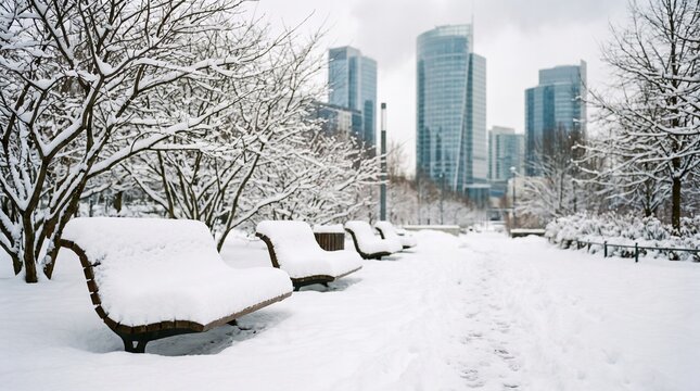 Snowy park and skyscrapers