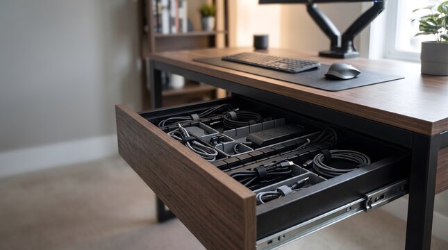 organized cable management drawer beneath a modern home office desk for clean technology storage, efficient workspace organization and clutter free productivity