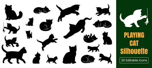 Obraz premium Cat Silhouette Collection: A dynamic assortment of cat silhouettes showcases felines in various playful poses, from leaping and stretching to resting and pouncing.