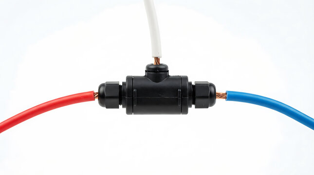Electrical wires, red, blue, and white, connected to a black junction box