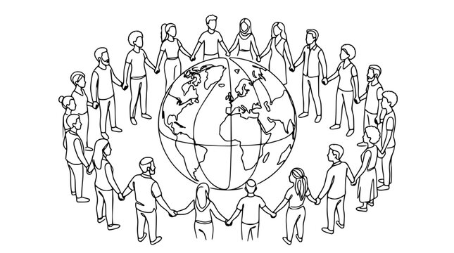 Diverse people holding hands around planet earth illustration