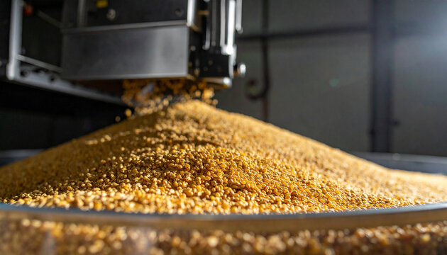 Industrial Granule Production: A close-up shot captures a massive pile of golden granules being processed by industrial machinery, highlighting the efficiency and scale of modern manufacturing.