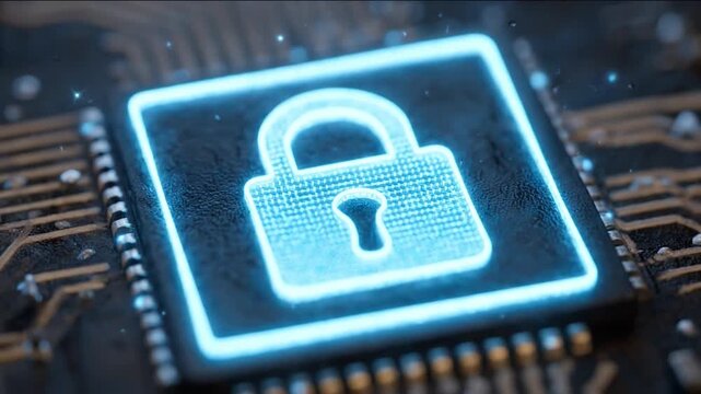 Digital Security Lock on Circuit Board: A glowing blue digital lock symbol superimposed on a detailed microchip, representing cybersecurity, data protection, and technological safety.