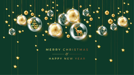 Christmas and New Year holiday greeting card with gold decorations on green background - Great for corporate company season's greetings - vector illustration © forestgraphic