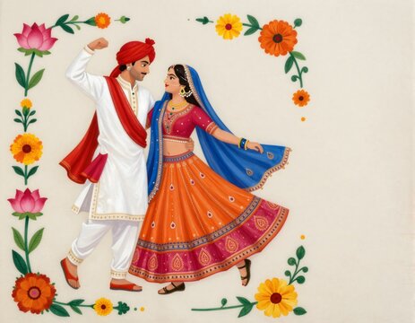 Indian bridal couple performing traditional garba folk dance in vibrant wedding attire with bright orange floral borders surrounding them painted in a classic artistic style featuring rich cultural 