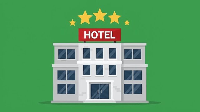 Modern hotel building animation with five star rating appearing in this digital motion graphic design clip