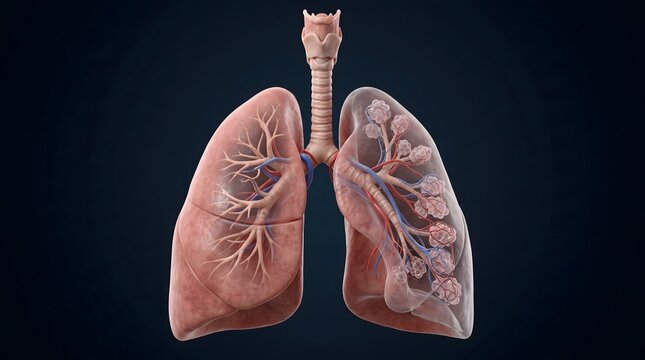 Detailed human lungs anatomy render showing bronchi and alveoli structures on a dark blue background studio