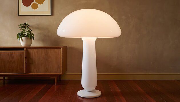Modern mushroom-style floor lamp in cozy room