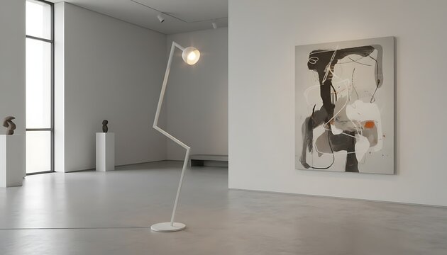 Modern desk lamp with abstract artwork in minimalist room