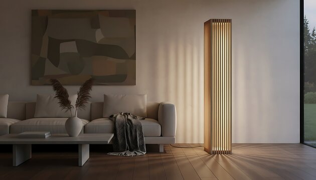 Modern cylindrical wooden lamp in living room