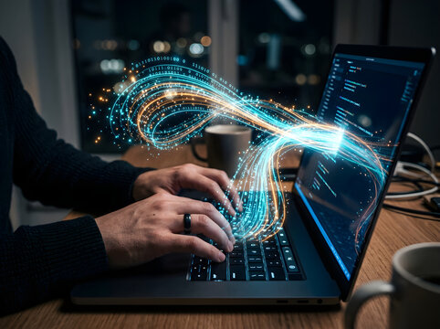Software Developer Writing Code With Digital Data Flow Visualization