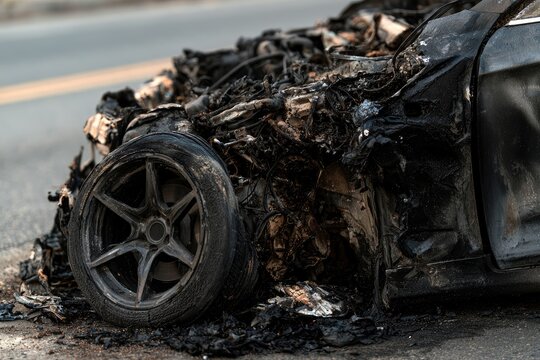 A severely burned car, melted and charred, sits on an asphalt road