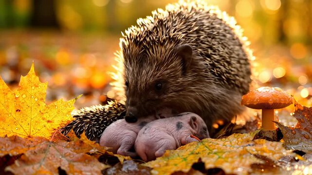 Hedgehog mother nuzzles baby among autumn leaves. Parent hedgehog protects babies in forest. Mother with baby hedgehogs on golden leaves. Wildlife family caring in autumn nature among mushroom.