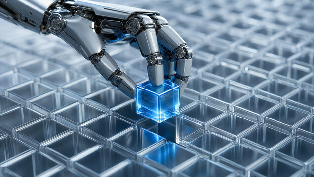 Robotic hand holding glowing blue cube above transparent grid, advanced automation concept with precise industrial technology