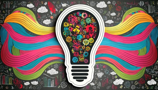 A lightbulb explodes with colorful gears and flowing lines, symbolizing innovation