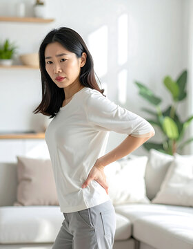 Young woman suffering from lower back pain while standing in a bright modern living room area