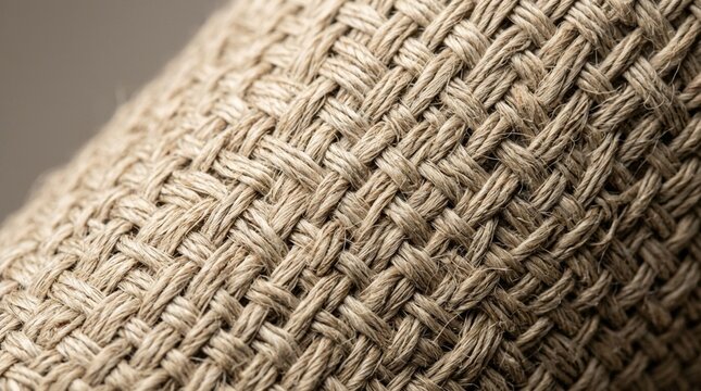 Close-up of textured woven burlap fabric, natural fiber macro background