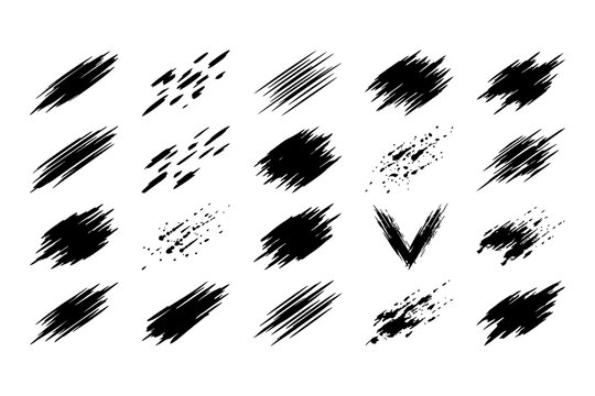 Set of black grungy brush strokes and diagonal lines isolated on white background with grunge strokes paint ink marks texture elements rough dirty distressed lines