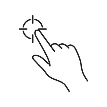 Minimalist black outline icon of a finger pointing at a target mark representing focus or concentration.