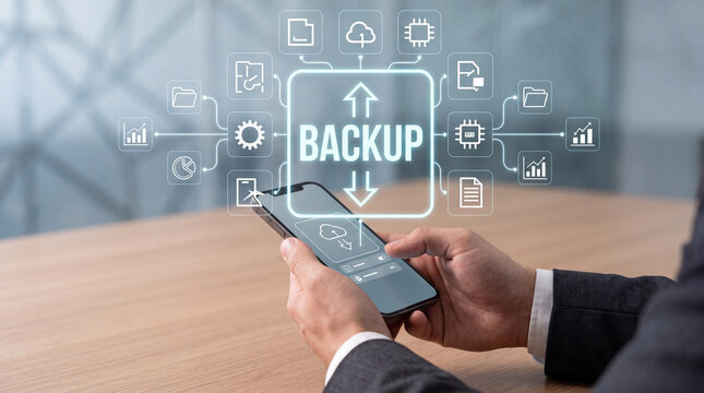 Businessman using modern smartphone for data backup and cloud storage services with digital interface showing backup process, document management, and information security in office environment