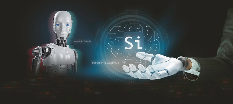 Humanoid robot and artificial super intelligence concept. AGI, silicon chip architecture, smart cybernetic automation, robotic hand, future technology, and machine learning.