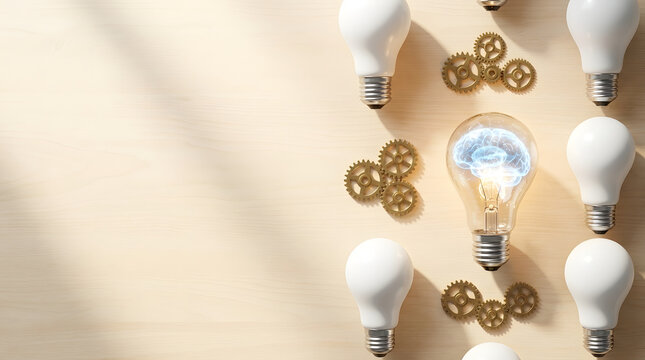 Innovative Idea Concept Featuring a Glowing Light Bulb with a Human Brain Inside Surrounded by Mechanical Gears and White Bulbs on a Light Wooden Surface for Creative Thinking and Intelligence