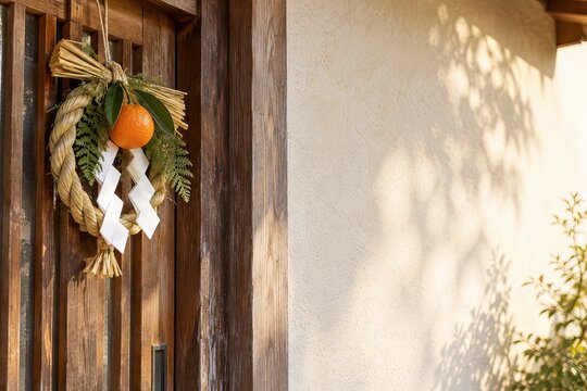 木の玄関に飾られた日本の正月飾り、暖かな冬の日差しと新年を迎える穏やかな風景