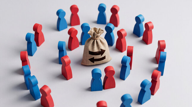 Conceptual representation of digital money transfer and banking transactions featuring wooden figures standing in a circle around a burlap money bag with arrow symbols on white background.