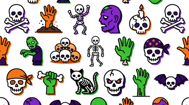 Seamless vector pattern featuring colorful skulls skeletons zombies and spooky halloween icons on white background