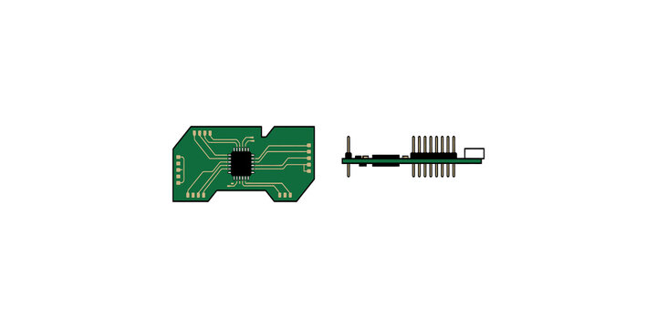 Electronic printed circuit board module with integrated microchip and connector pins for industrial engineering.