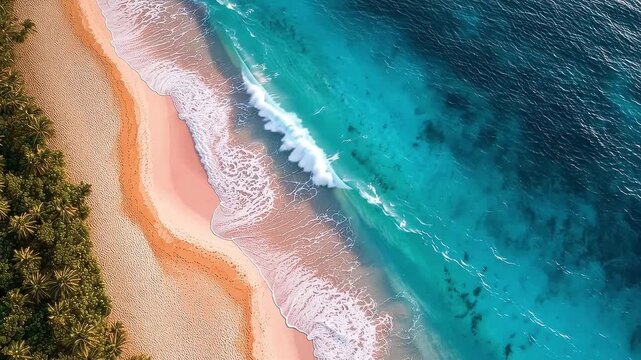 Turquoise waves rolling onto a pink sandy beach generated.AI