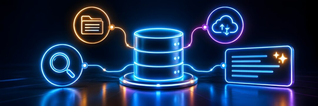 Neon glowing server database network connected to digital cloud storage folder and search icons in cyberspace
