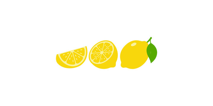 Fresh yellow lemon fruit set including slices and whole pieces with green leaf for culinary project templates.
