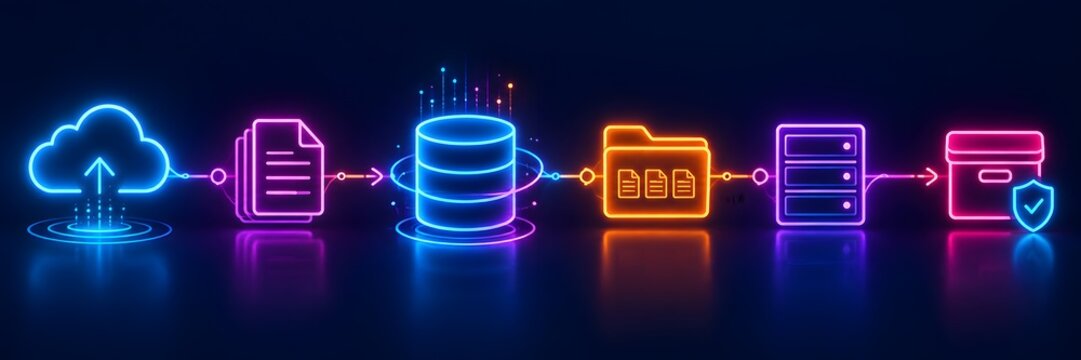Neon glowing digital data processing flowchart showing cloud storage document archive and secure server network in cyberspace
