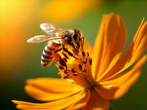 A close up view of a honey bee pollinating a vibrant orange cosmos flower in the garden