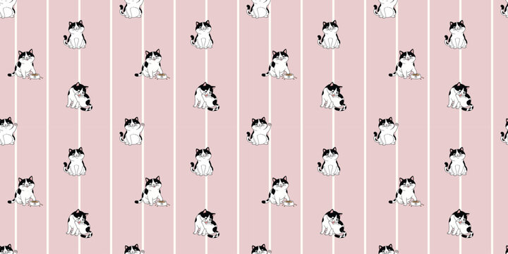 Cute funny cartoon cat and kitten seamless pattern on pink vertical stripes background sweet playful animal textile vect