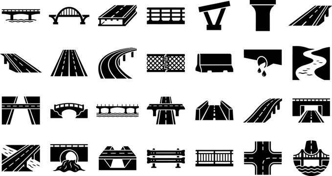 Bridge and road infrastructure icon set, overpass, highway, flyover, culvert, guardrail, viaduct, junction