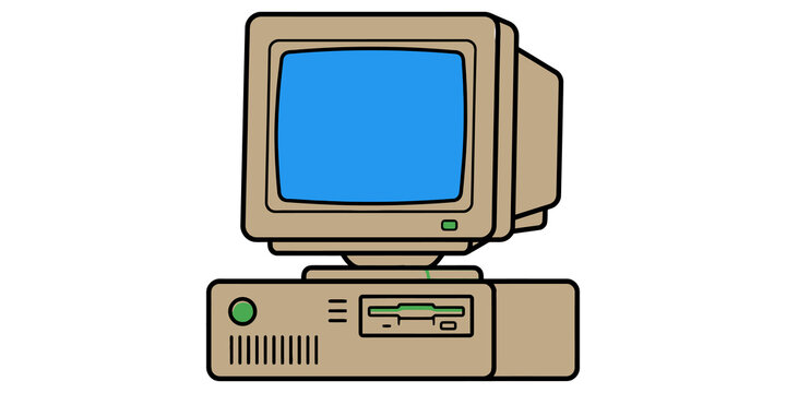 Vintage beige computer with blue screen and floppy disk drive for nostalgic technology or office related art.