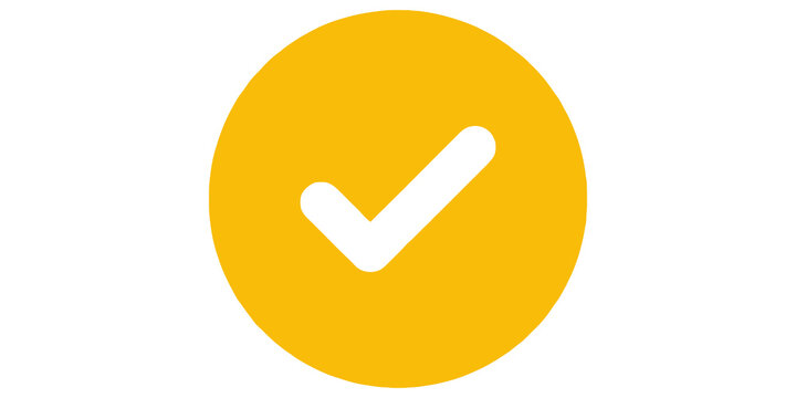 Yellow circular button with white checkmark icon for successful task completion validation and user interface.