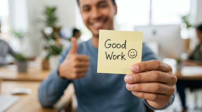 Young man holding a yellow sticky note with Good Work text and a smiley face in office