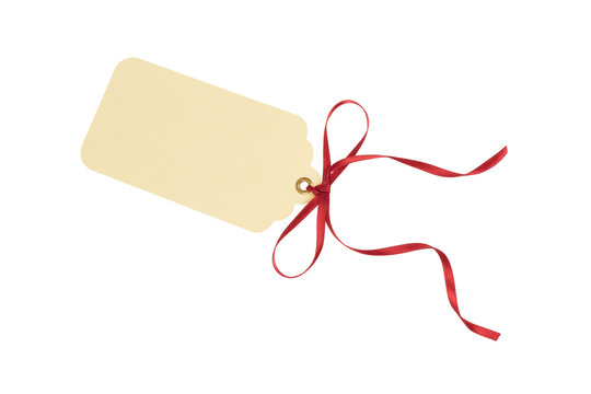 blank christmas gift tag or present name label with red ribbon isolated on white or transparent png