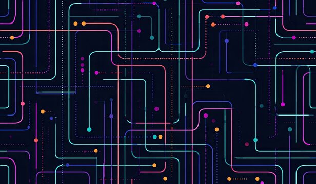 Vibrant circuit lines and dots forming a connected, abstract network pattern